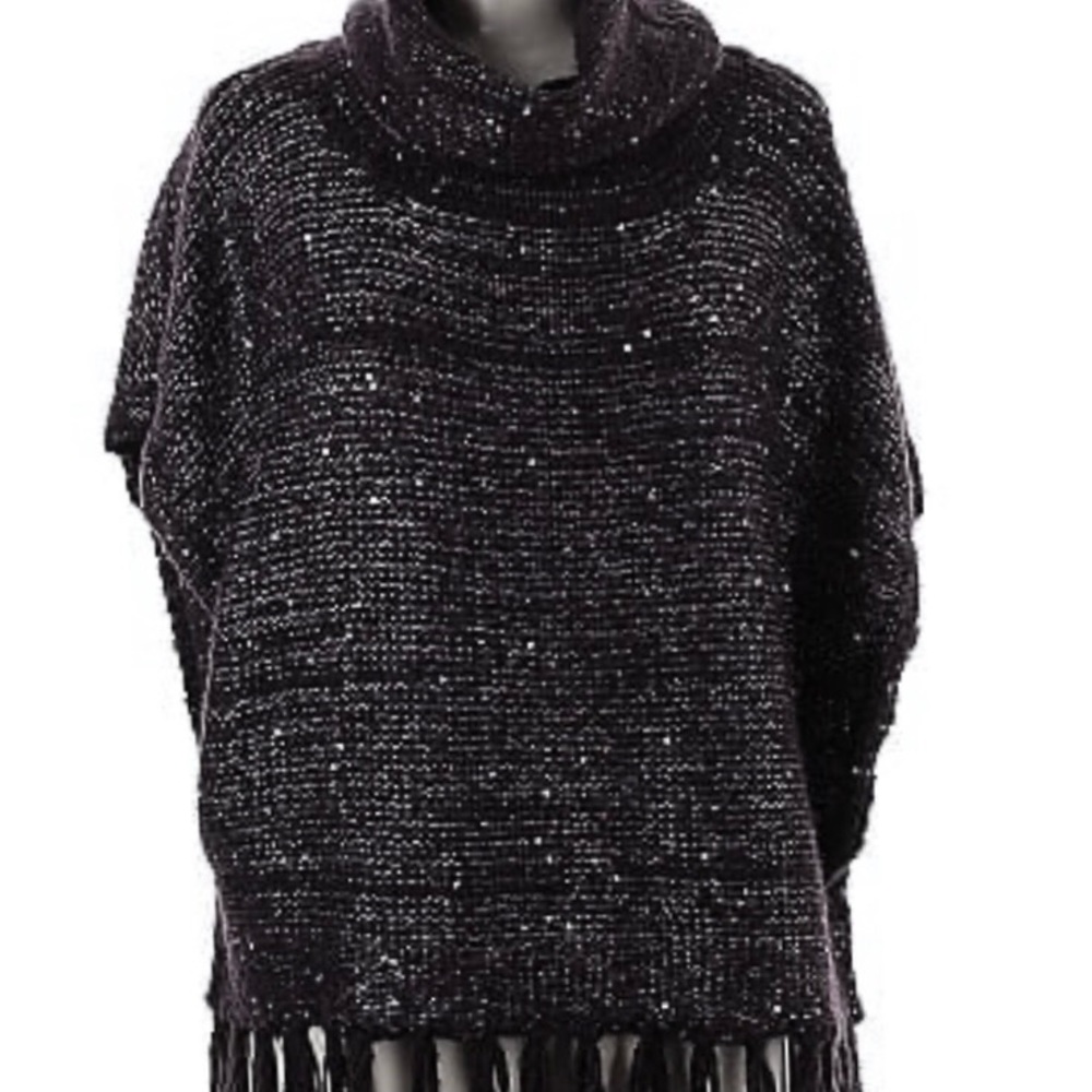 NINE WEST Knitted Sequin Cowl Neck Fringe Hem Poncho Cape Sleeveless Sweater